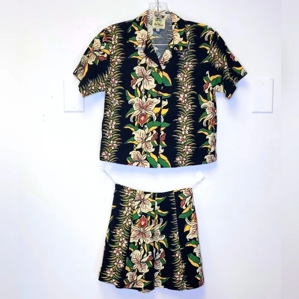 Pau Hana Hawaii Black Floral Matching Shirt And Short Hawaiian Outfit Size M